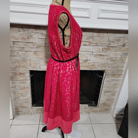 Calvin Klein Fuscia Lace overlay‎ faux suede trim midi party dress plus size 14W - Picture 2 of 8